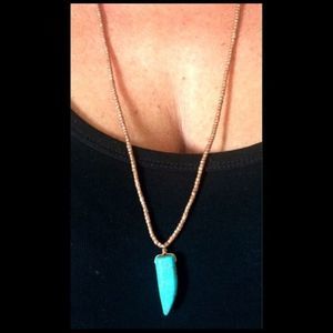 Turquoise Long Horn Tusk Sword Pendant Beaded Chain Necklace